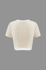 Contrast Trim Round Neck V-hem Rib Knit T-shirt