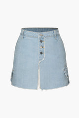 Frayed Hem Slit Denim Mini Skirt