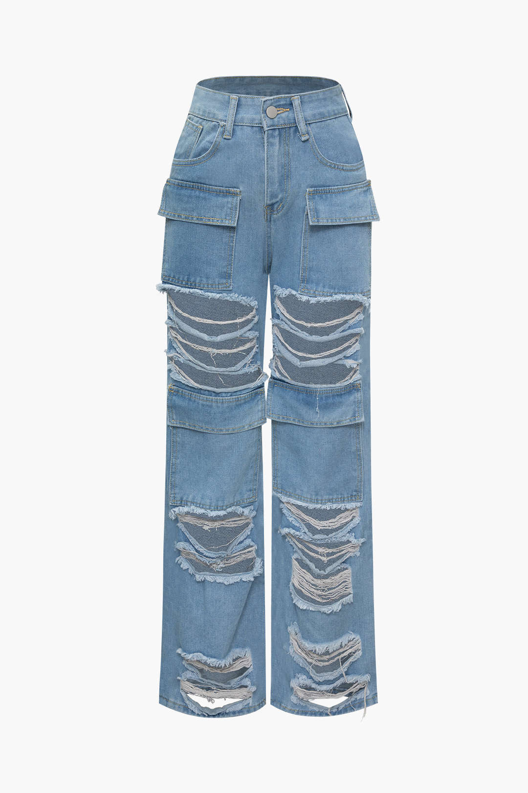 Denim Ripped Flap Pocket Straight Leg Cargo Pants