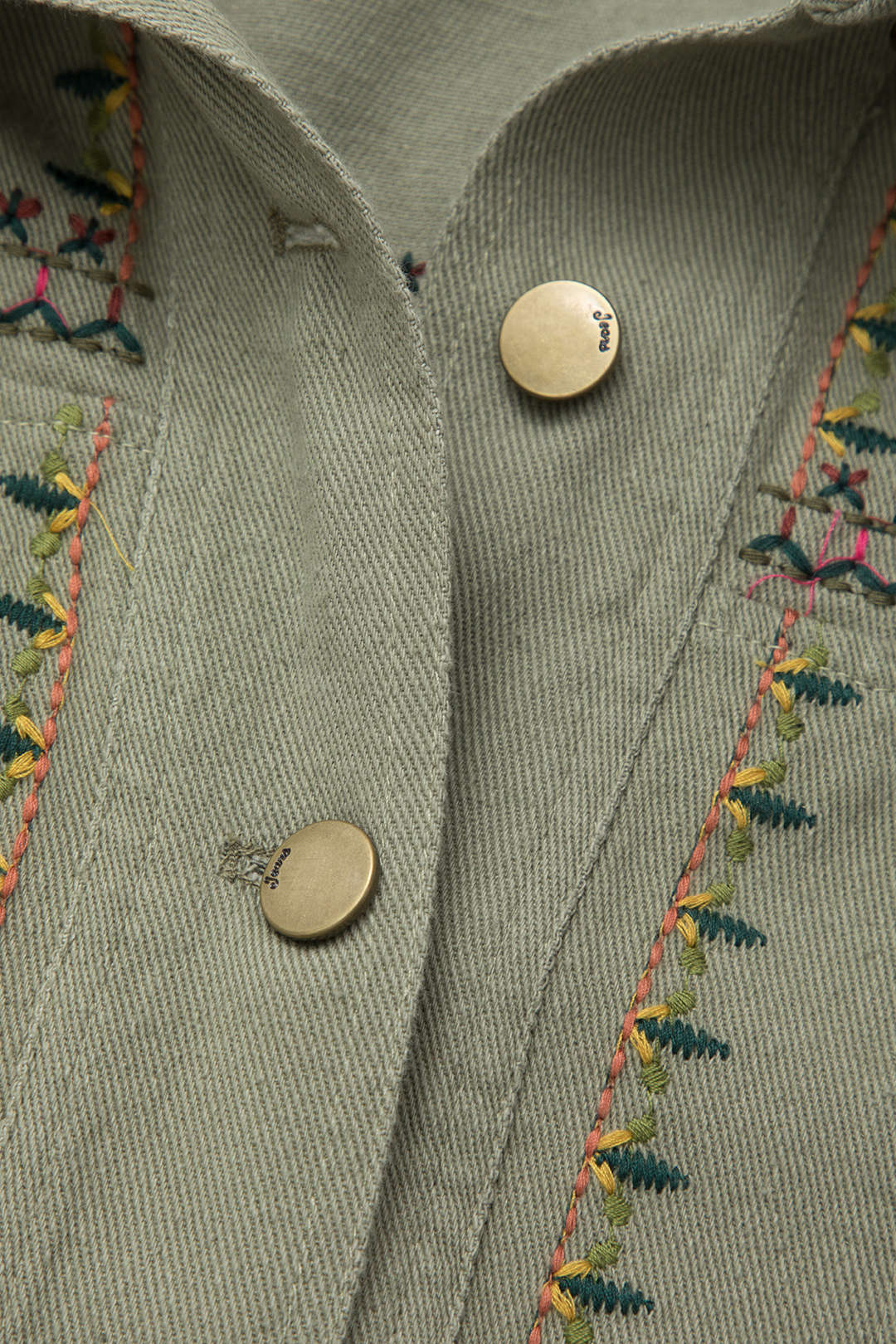 Embroidered Frayed Hem Button Up Pocket Lapel Jacket