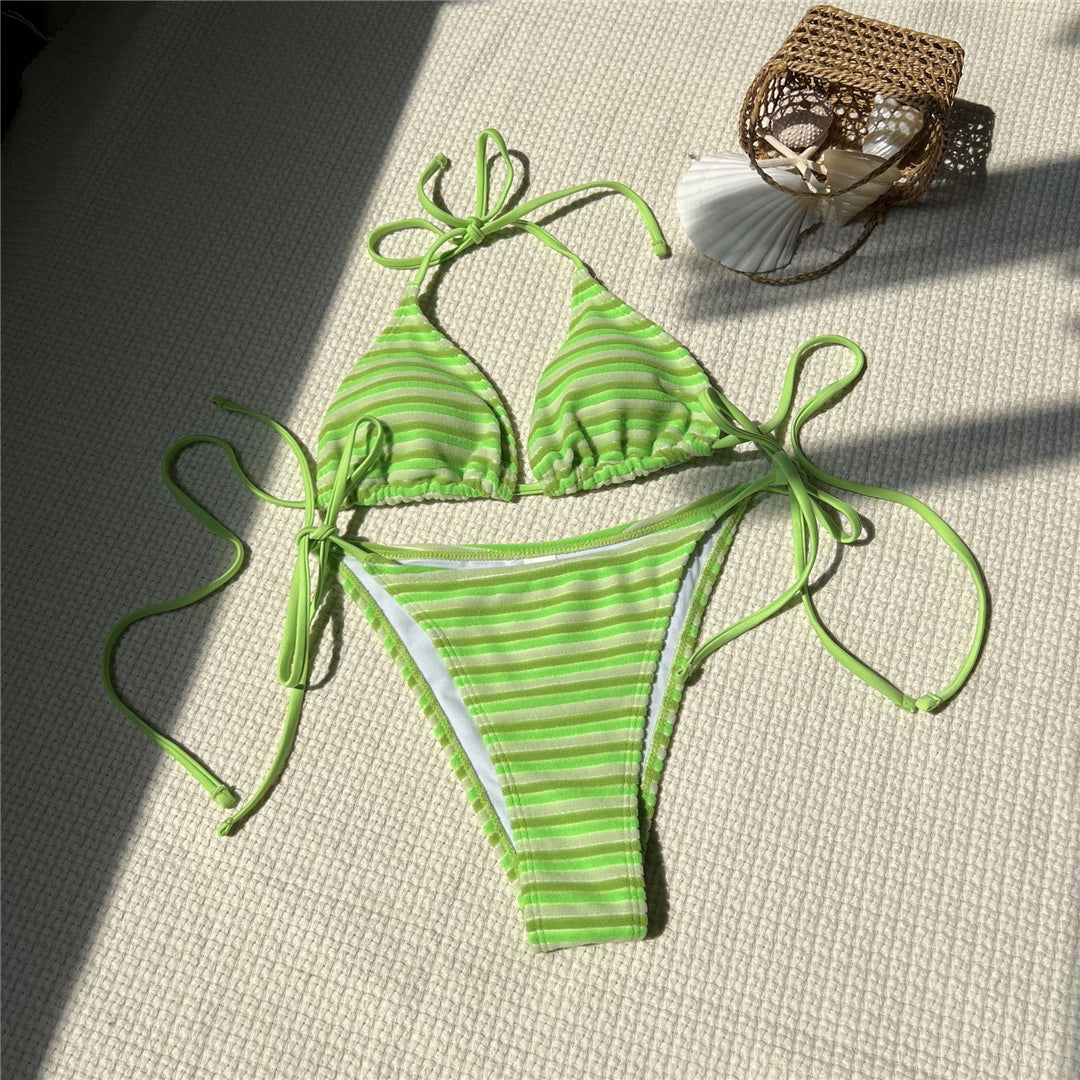 Beth Striped Halter High Leg Cut Bikini