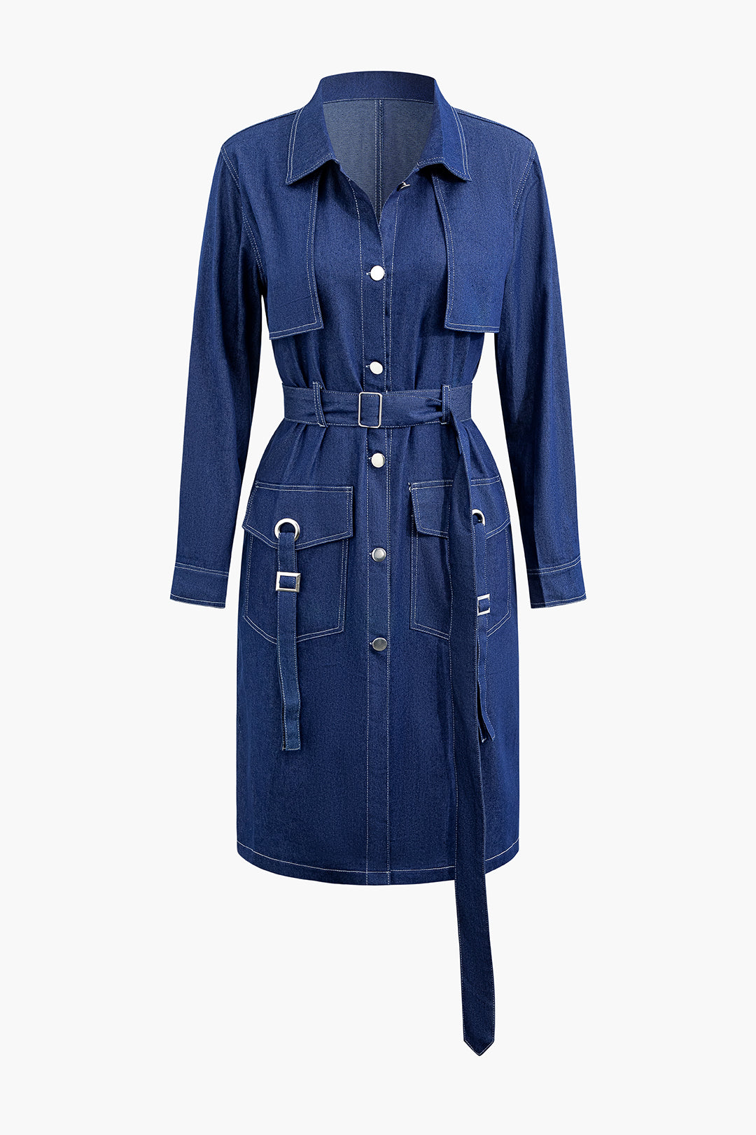 Denim Topstitching Flap Pocket Trench Coat With Belt