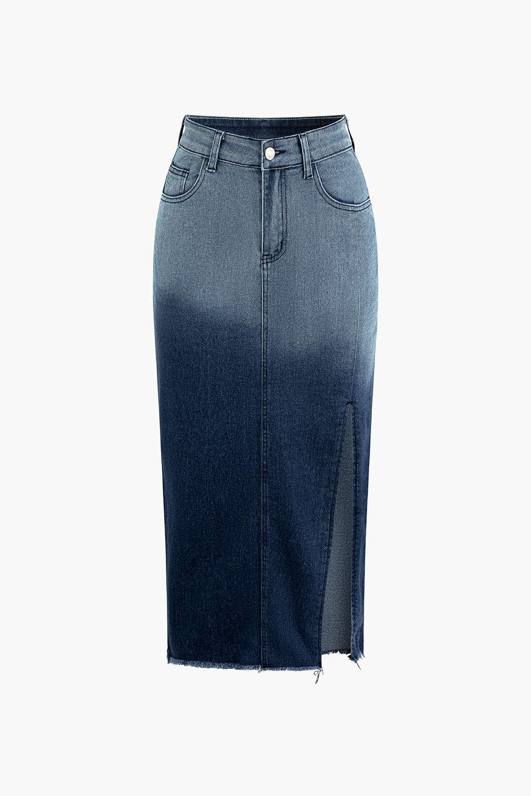 Faded Frayed Hem Split Denim Midi Skirt