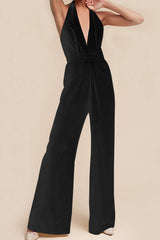 Deep V-Neck Halter Backless Ruched Jumpsuit