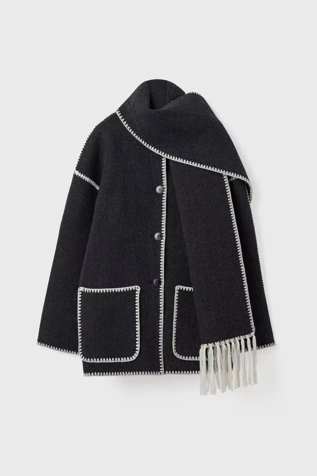 Contrast Trim Wool-blend Coat With Tassel Scarf