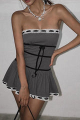 Lace Trim Tie Front Strapless Pleated Mini Dress