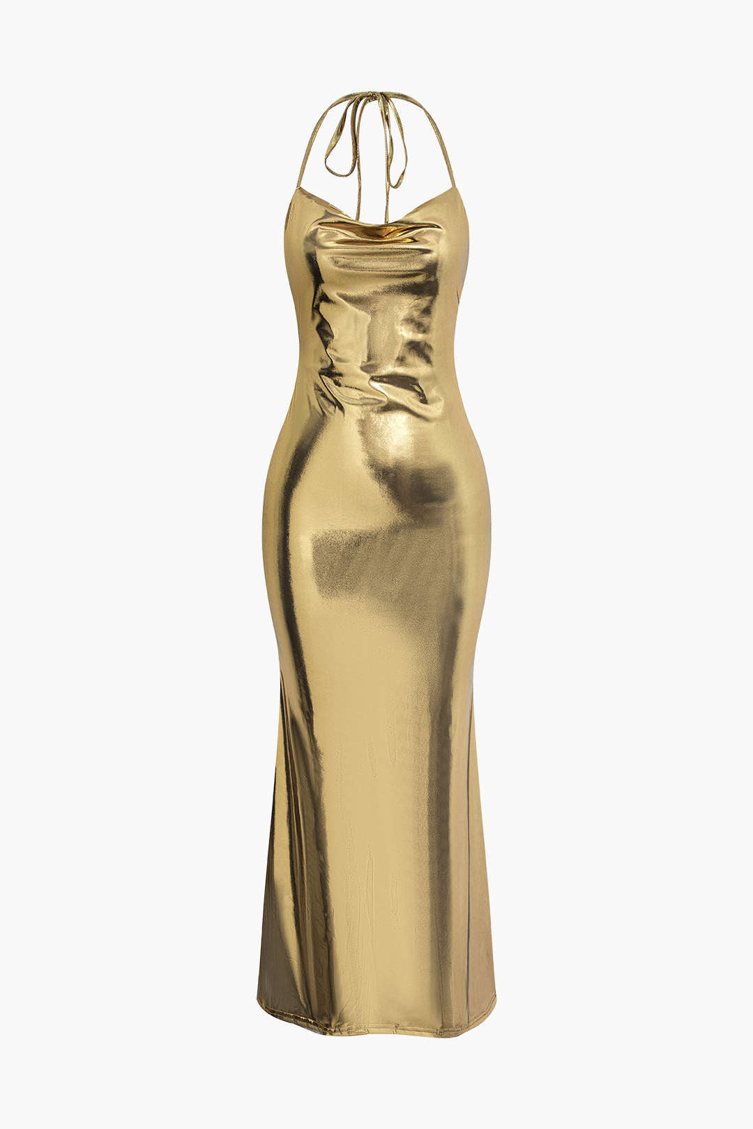 Metallic Tie Halter Cowl Neck Backless Maxi Dress