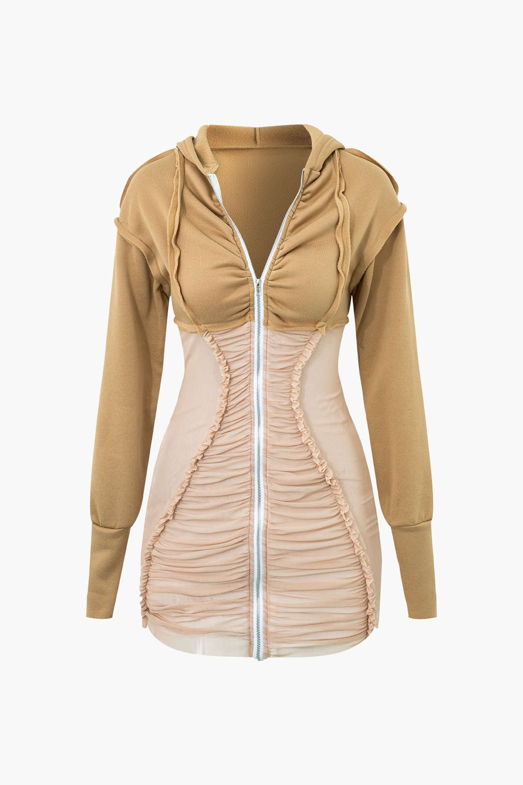 Contrast Frill Detail Ruched Zip-Up Hooded Mini Dress