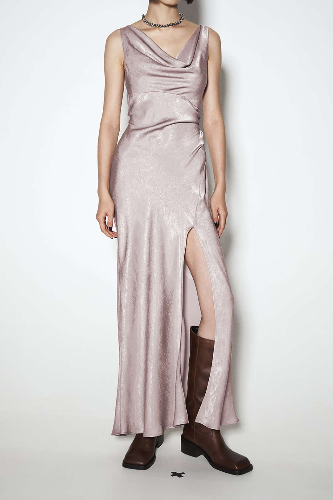 Ruched Cowl Neck Sleeveless Slit Maxi Dress