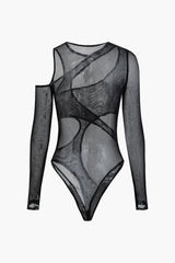 Asymmetric Cut Out Mesh Long Sleeve Bodysuit