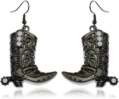 Western Black Dangle Drop Texas Boots Earrings