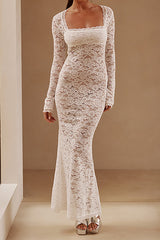 Lace Zipper Back Long Sleeve Maxi Dress