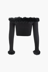 Faux Fur Off Shoulder Long Sleeve Crop Top