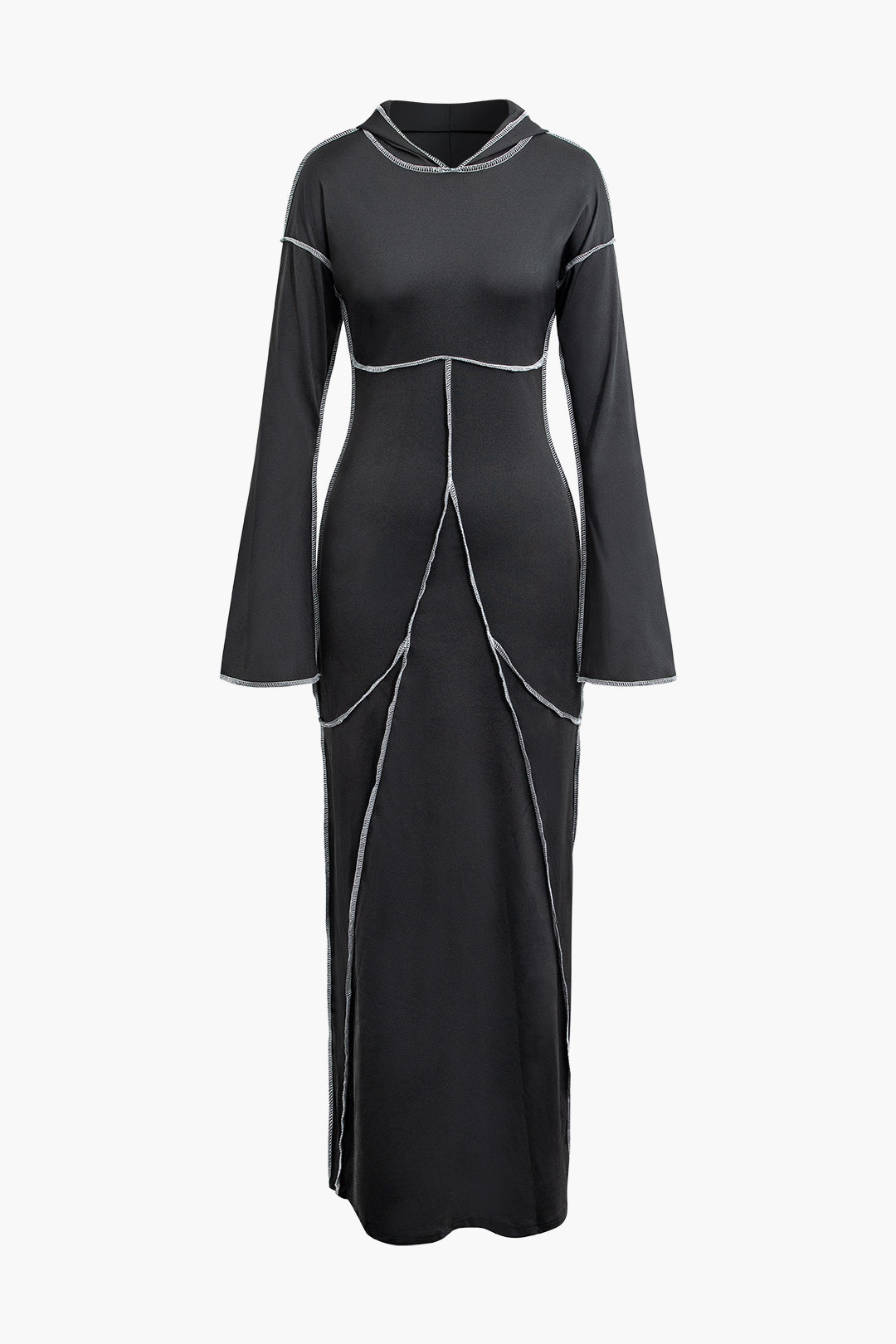 Contrast Stitching Bell Sleeve Hooded Maxi Dress