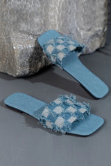 Plaid Frayed Denim Slippers