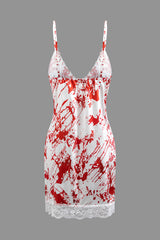 Bloodstain Print V-neck Lace Trim Mini Dress