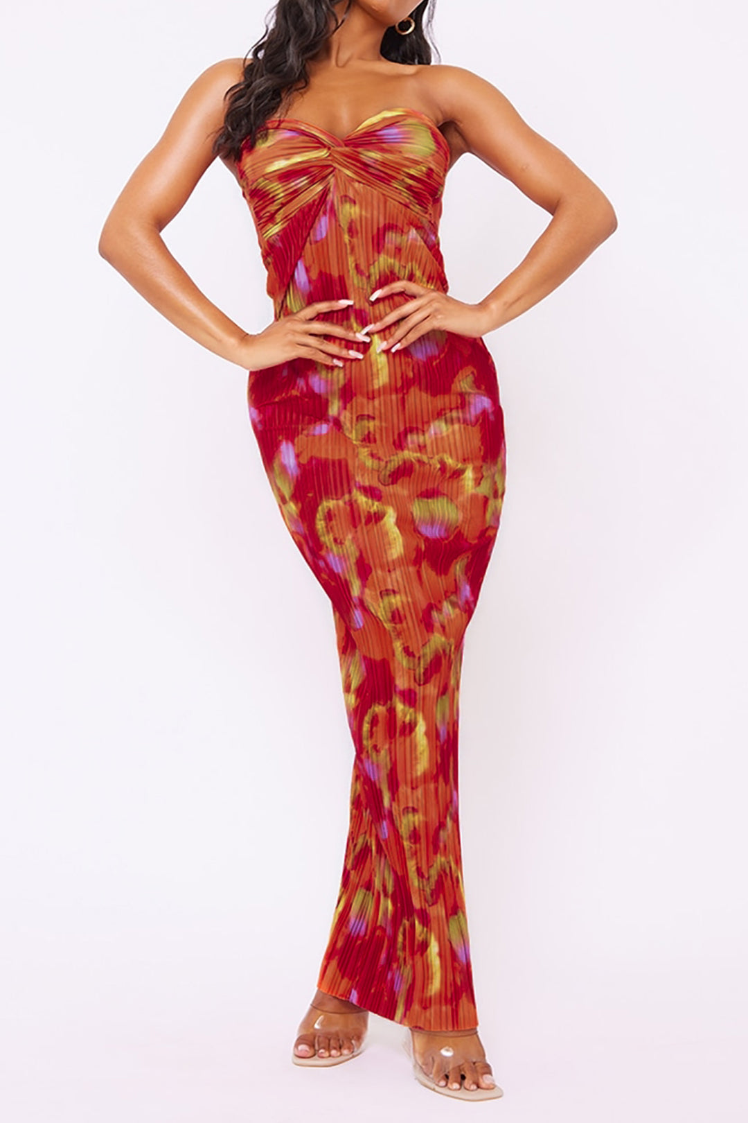 Abstract Print Plisse Strapless Maxi Dress