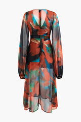 Tie Dye Zipper V-Neck Long Sleeve Slit Midi Dress