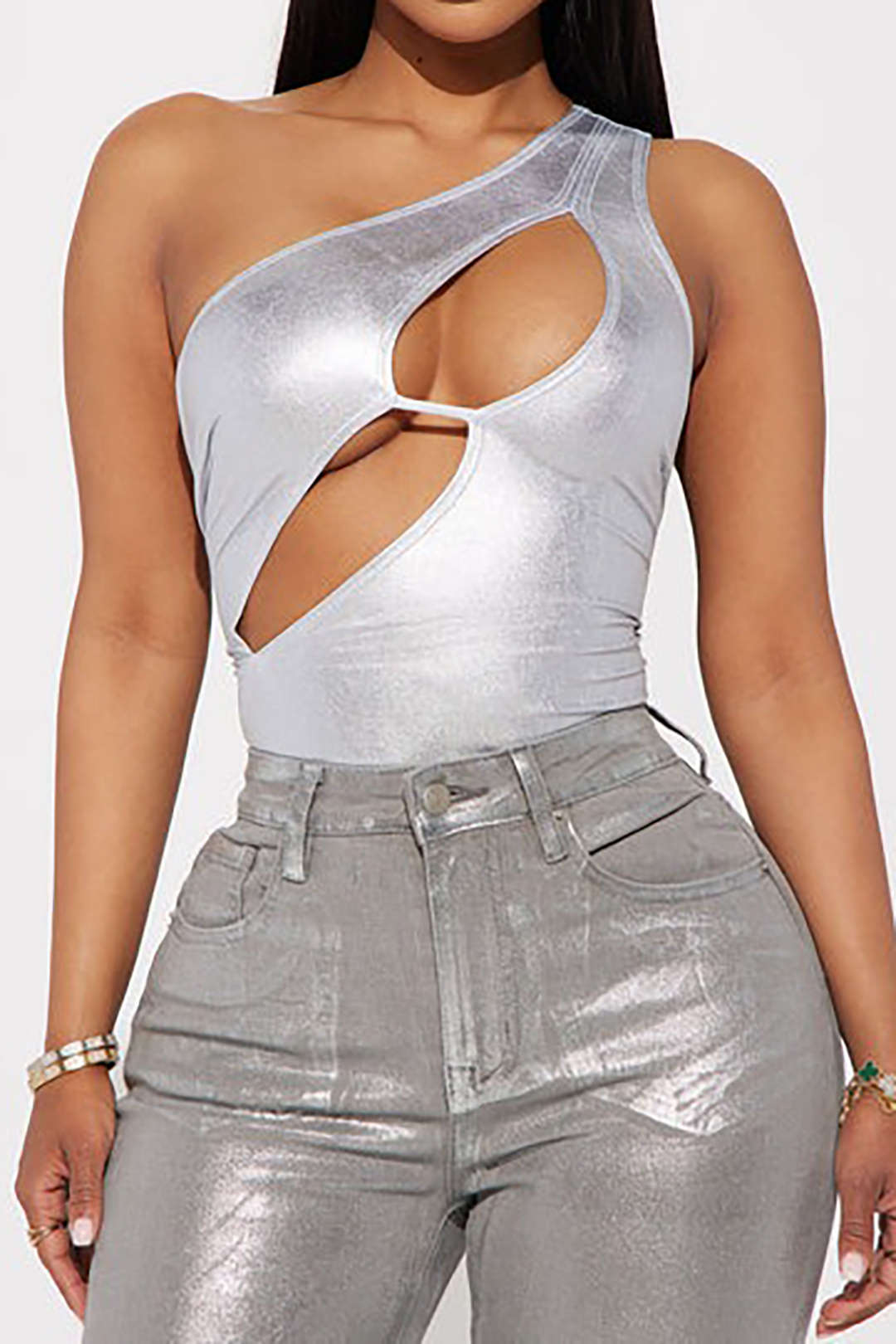 Metallic Cut Out One Shoulder Bodysuit