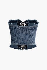 Frayed Trim Denim Braided Eyelet Tie Tube Top