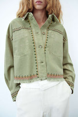 Embroidered Frayed Hem Button Up Pocket Lapel Jacket