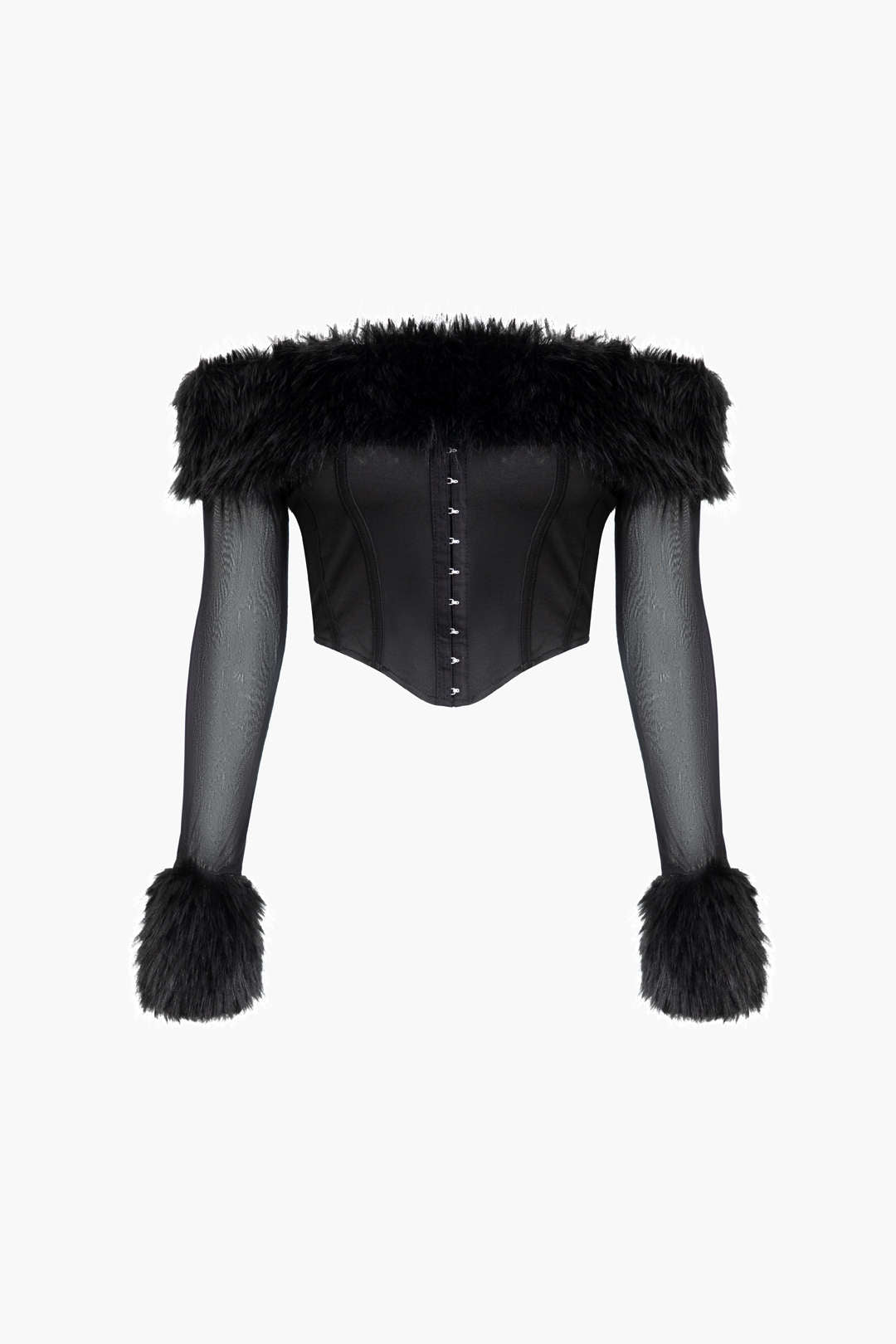 Faux Fur Trim Off Shoulder Corset Crop Top