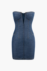 Deep V-neck Denim Strapless Mini Dress