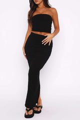 Solid Texture Tube Top And Split Maxi Skirt Set