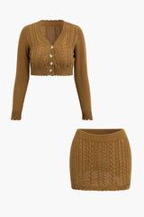 V-neck Button Up Cable Knit Crop Cardigan And Mini Skirt Set