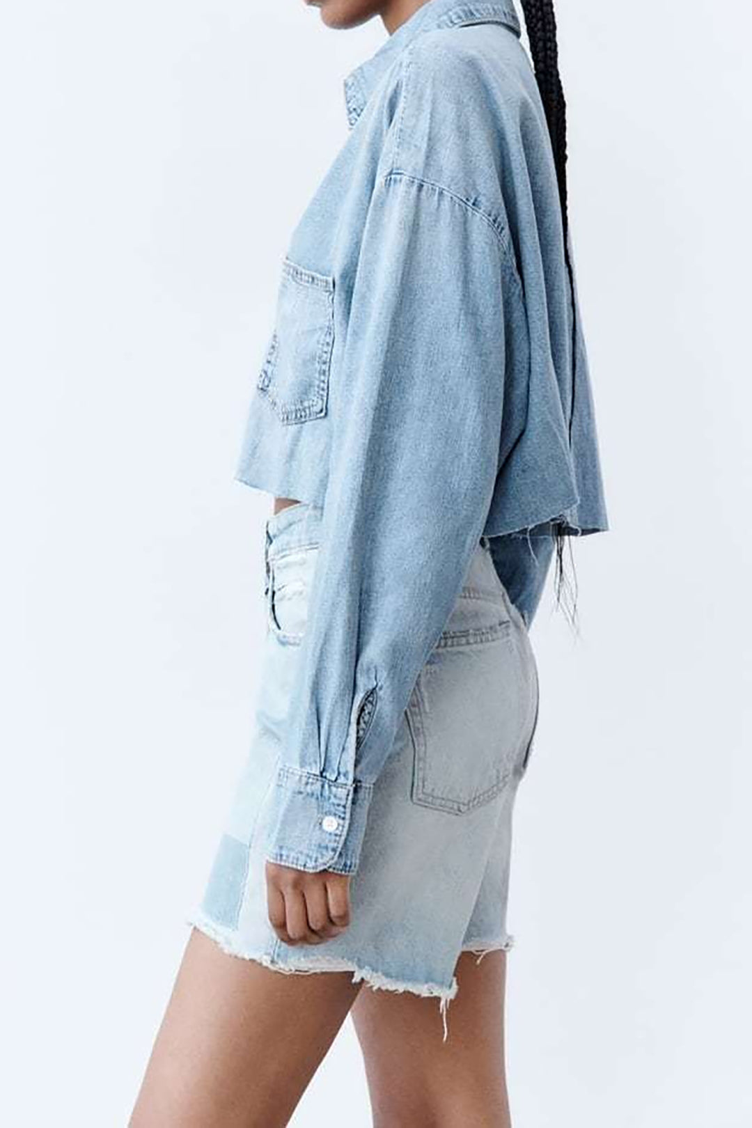 Faded Denim Button Up Raw Hem Crop Shirt