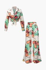 Flower Pattern Long Sleeve Shirt And Wide Leg Pants Set