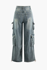 Distressed Faded Flap Pocket Wide Leg Cargo Jeans