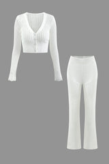 Open Knit V-neck Button Up Long Sleeve Top And High Waist Pants Set