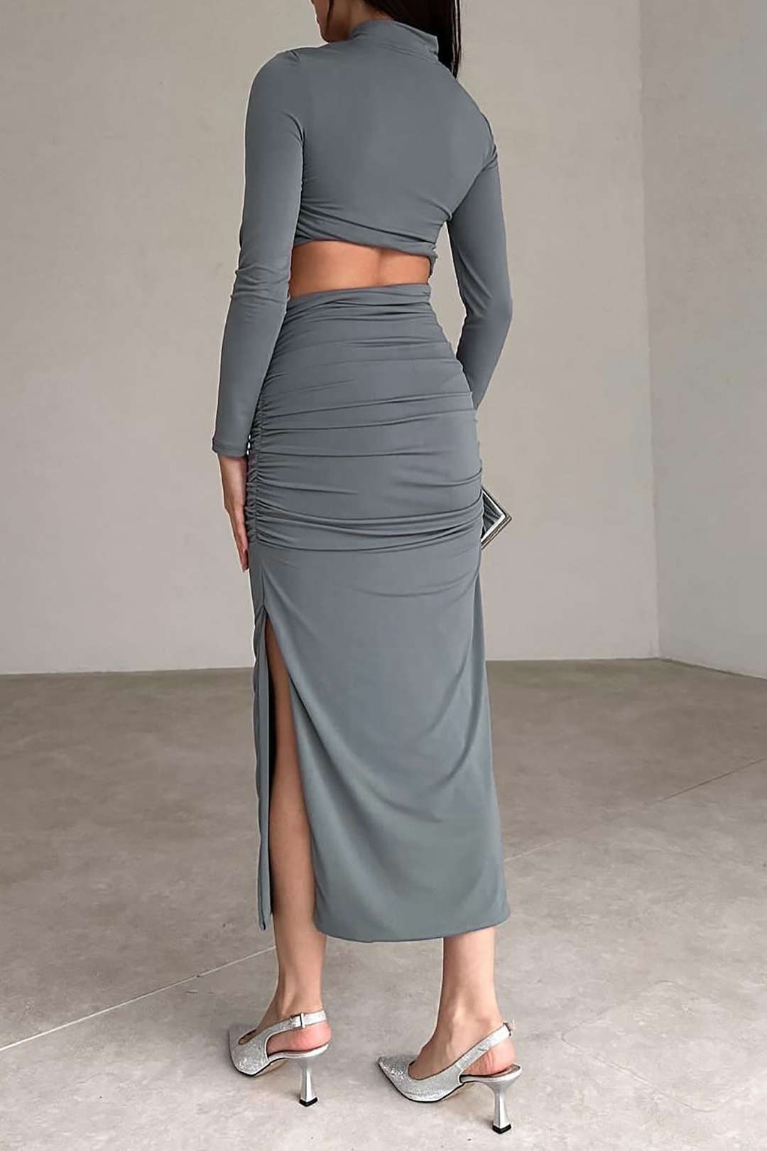 Mock Neck Cut Out Ruched Long Sleeve Midi Dress