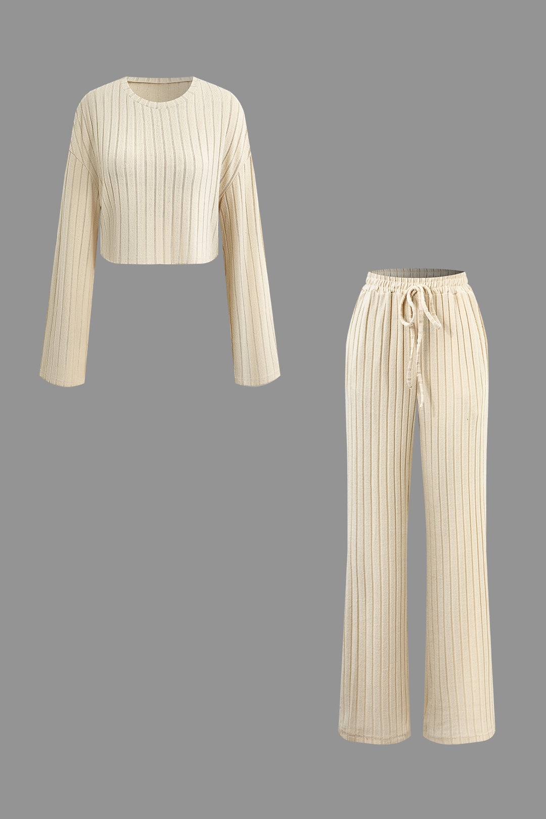 Texture Round Neck Long Sleeve Top And Drawstring Pants Set