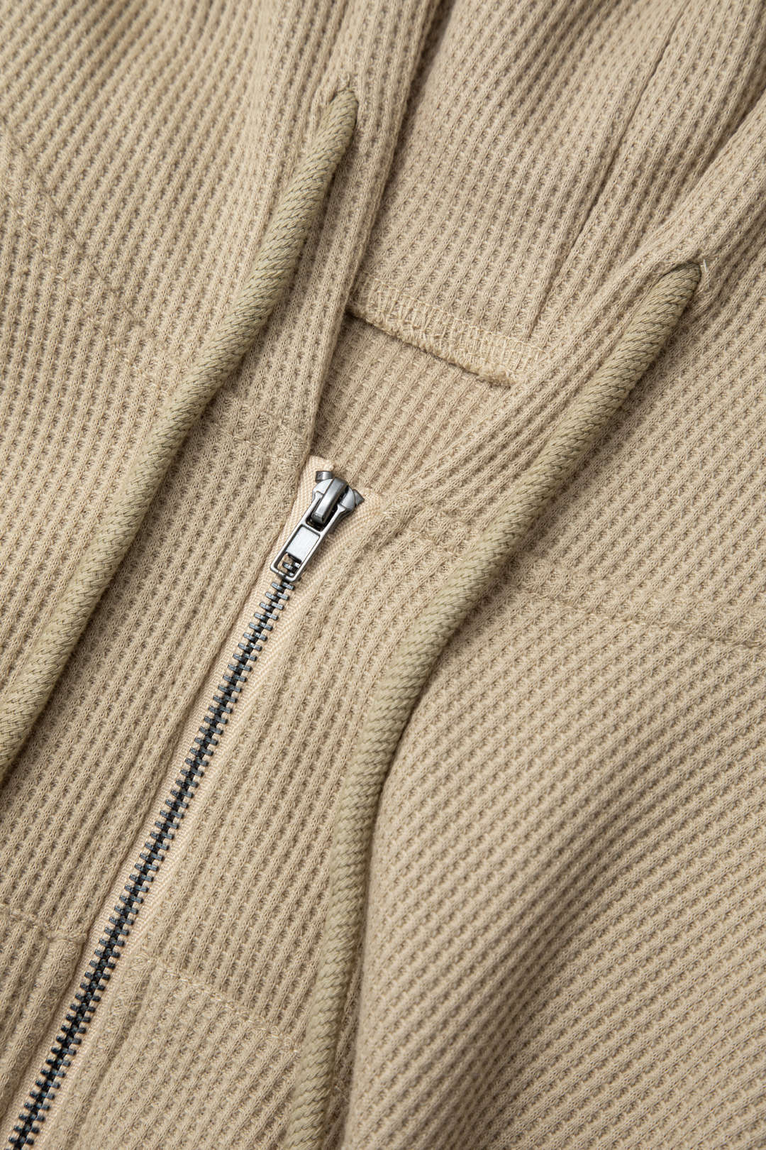 Waffle Kangaroo Pocket Drawstring Zip Up Hooded Cardigan