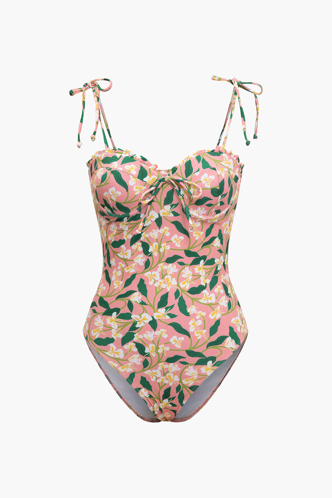 Floral Print Tie Strap One-piece Swimsuit And Knot Sarong Skirt Set