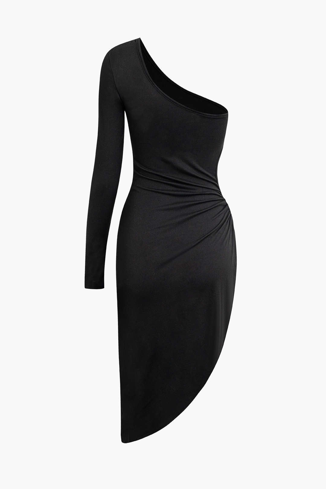 One Shoulder Cut Out Asymmetrical Ruched Midi Dress