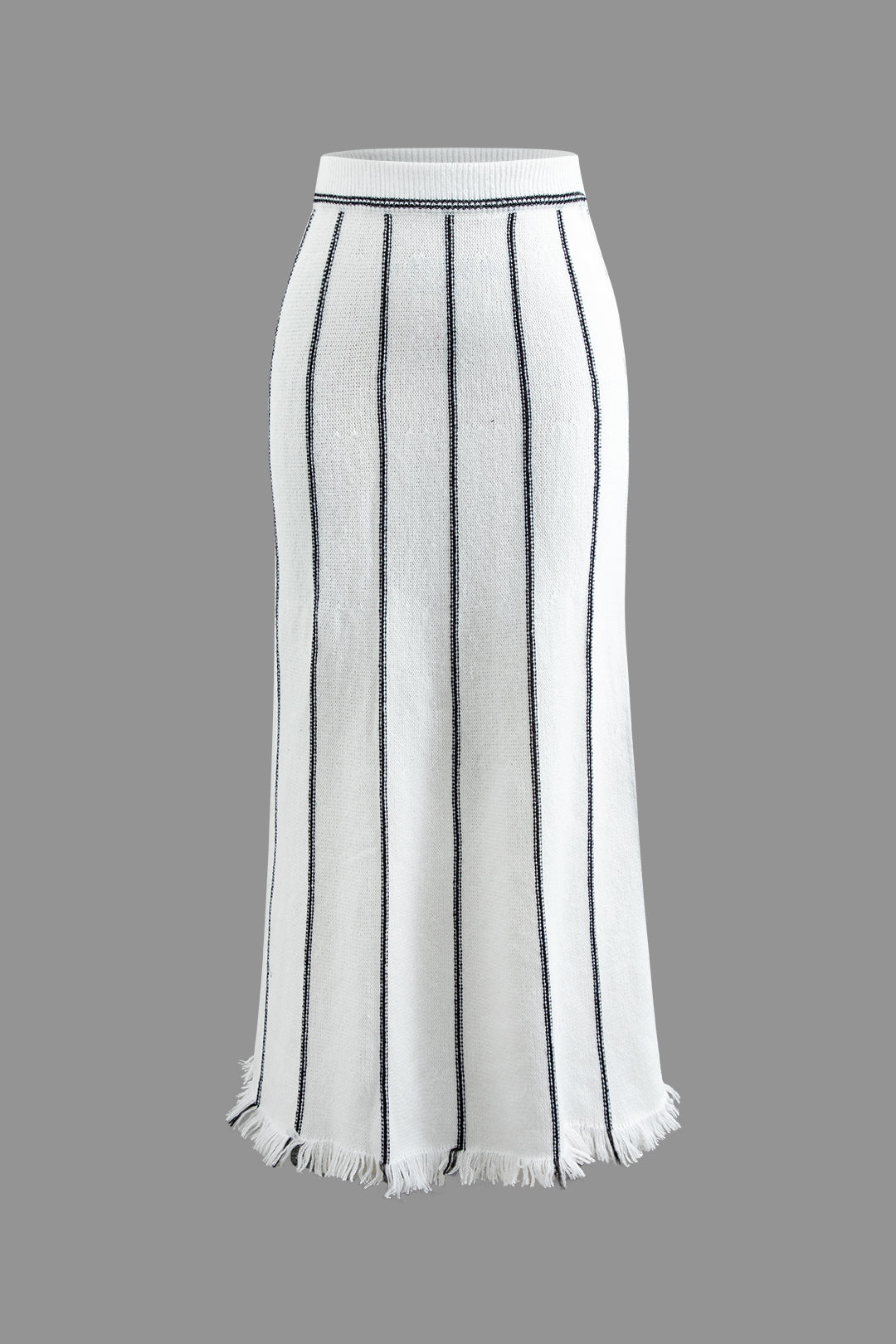 Stripe Fringe Hem Knit Midi Skirt