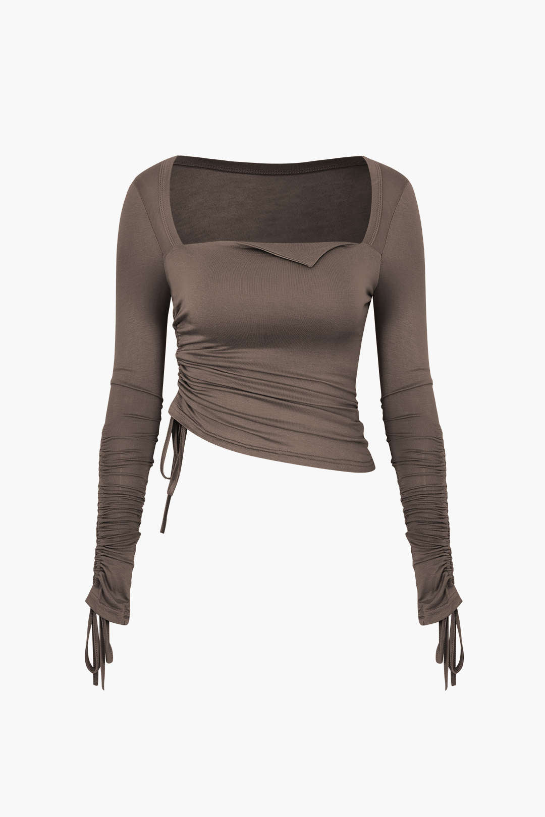 Square Neck Drawstring Ruched Long Sleeve Top