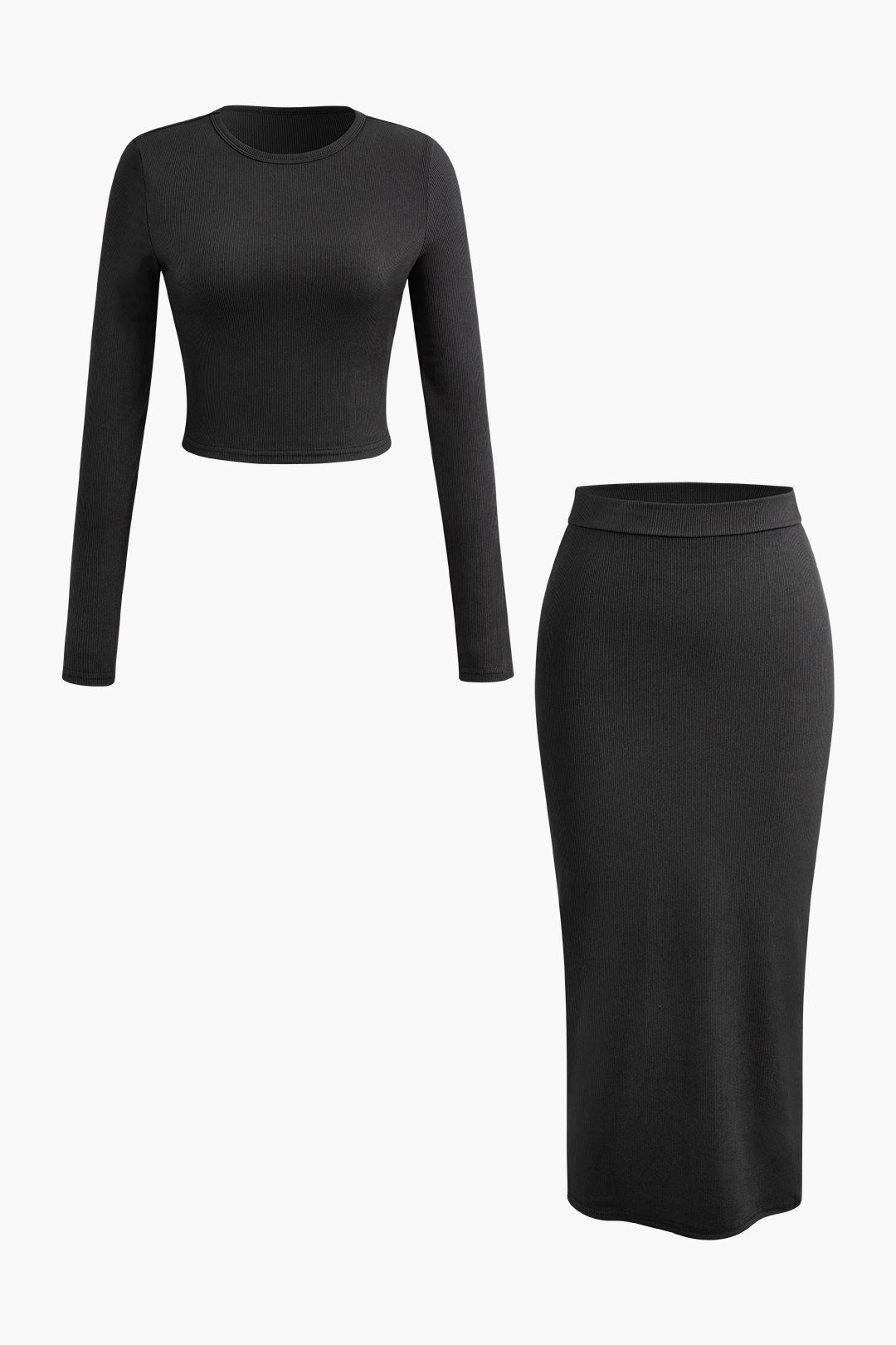 Solid Rib Knit Round Neck Long Sleeve Top And High Waist Midi Skirt Set