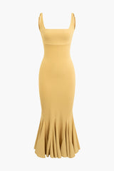 Square Neck Backless Mermaid Slip Midi Dress