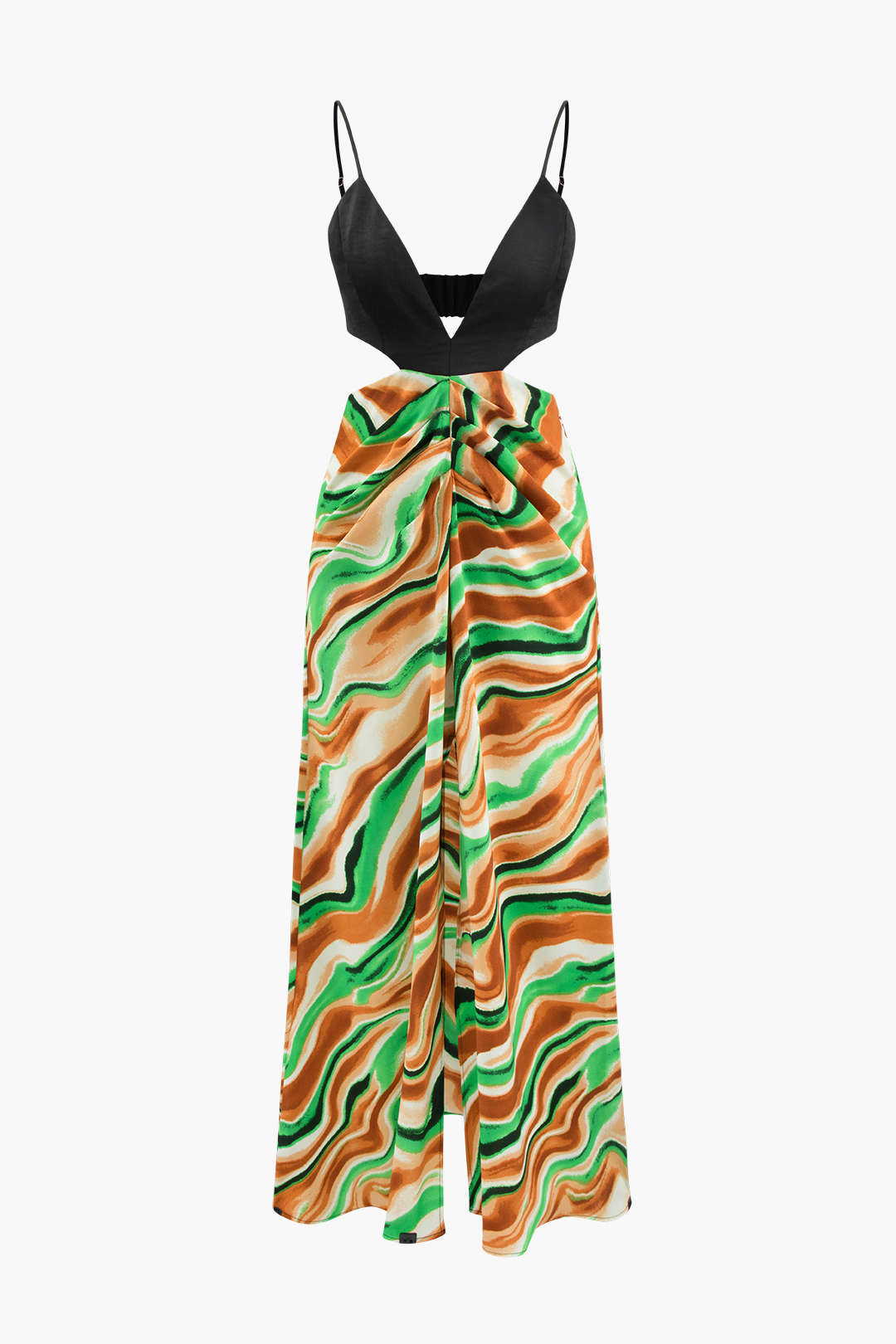 Printed Satin V-neck Cut Out Maxi Dress