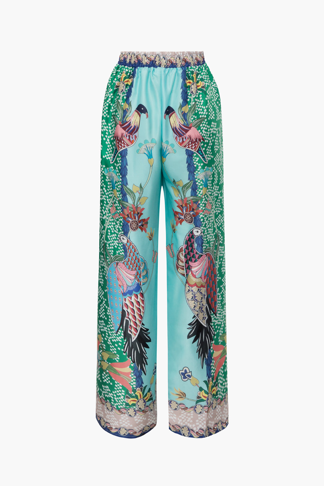 Bird Print Elastic Waist Straight Leg Pants