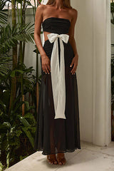 Contrast Bowtie Cut Out Strapless Ruched Maxi Dress