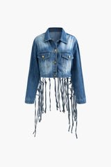 Braided Tassel Faded Denim Jacket