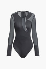 Patchwork Mesh Zipper Round Neck Long Sleeve Bodysuit