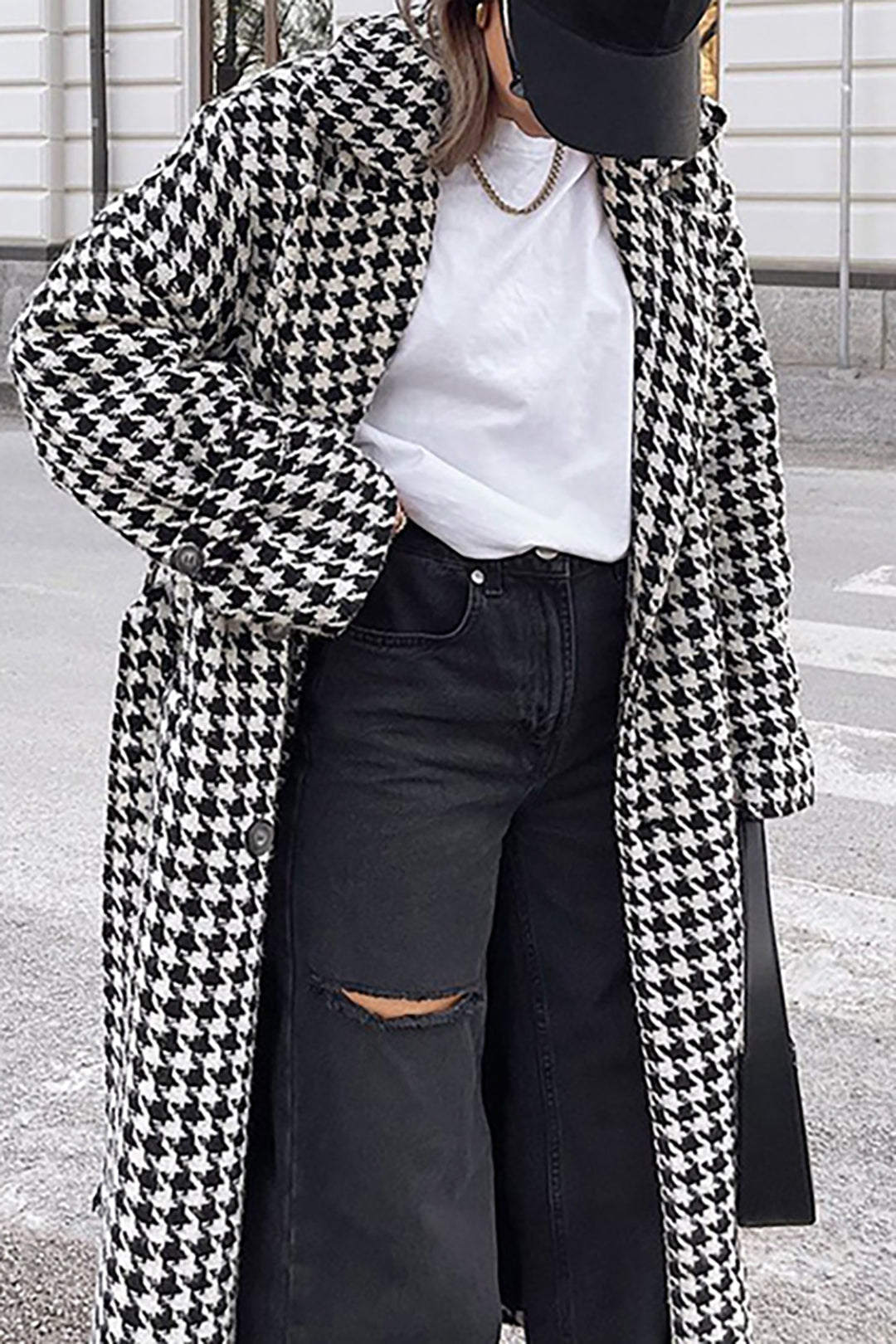 Houndstooth Notched Lapel Belted Long Coat