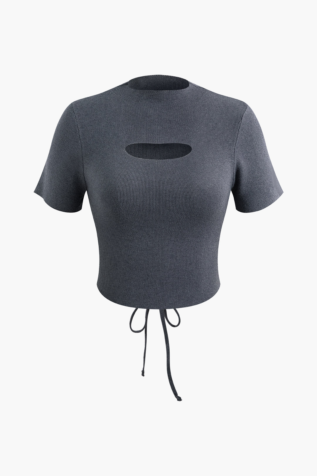 Mock Neck Cut Out Drawstring Knit T-shirt