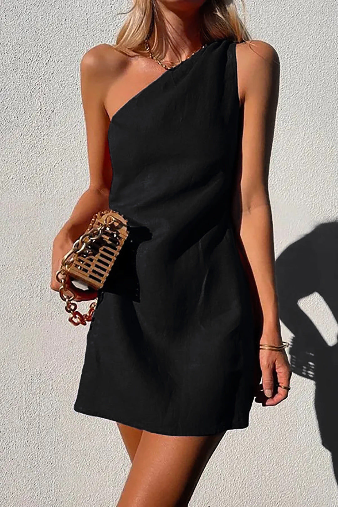 Solid Asymmetrical One Shoulder Mini Dress